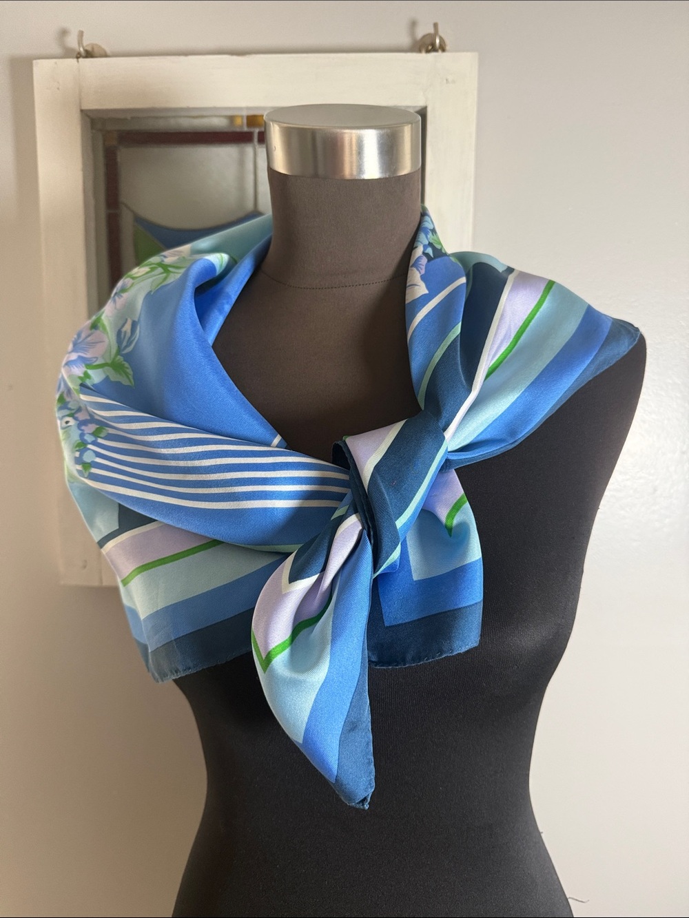 Vintage Pierre Cardin Paris Blue Floral Silk Scarf